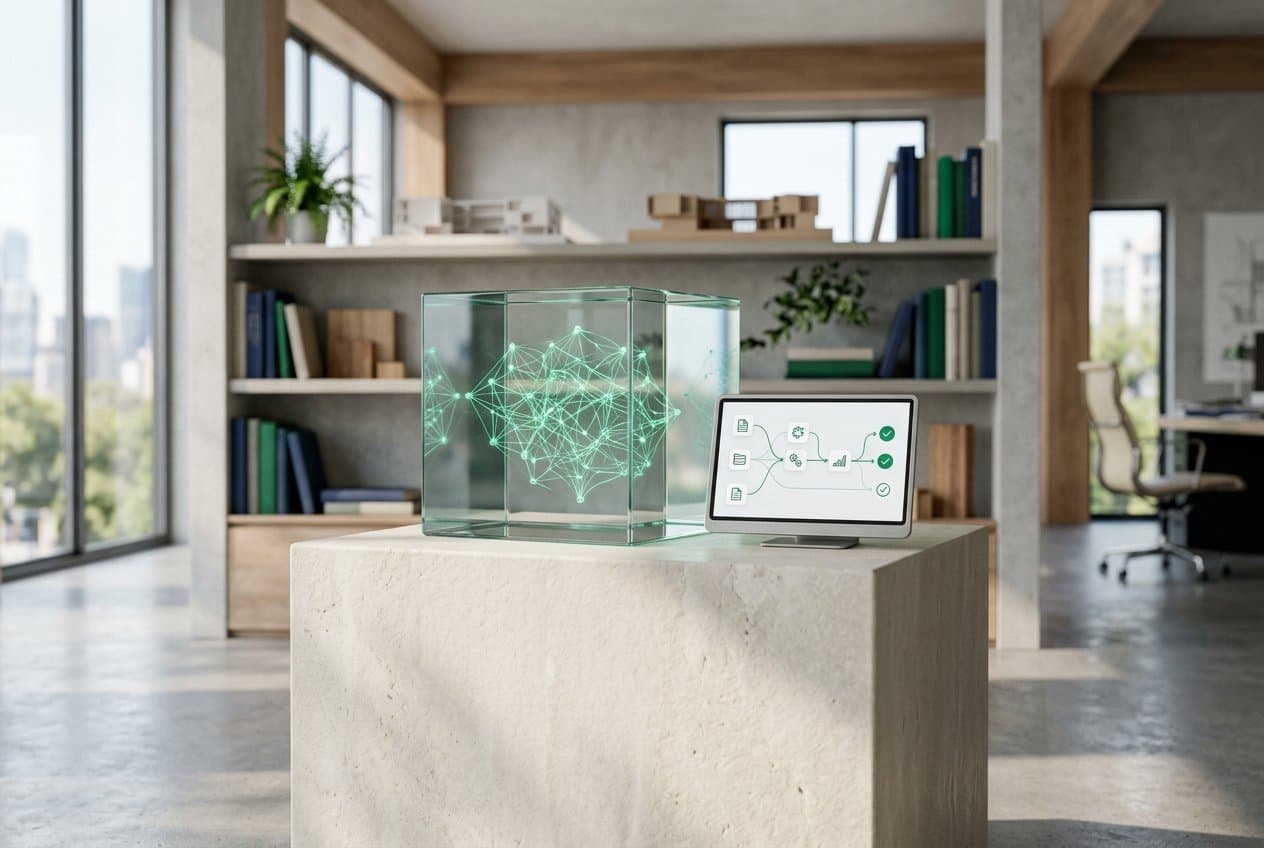 Glass cube containing an emerald neural network beside a workflow automation display