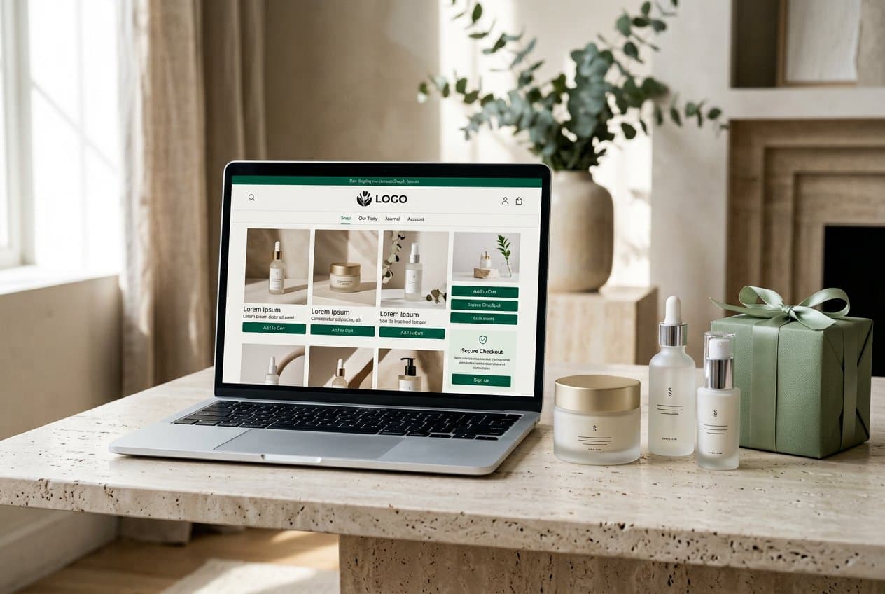 Skincare storefront on a laptop beside premium products and sage gift packaging