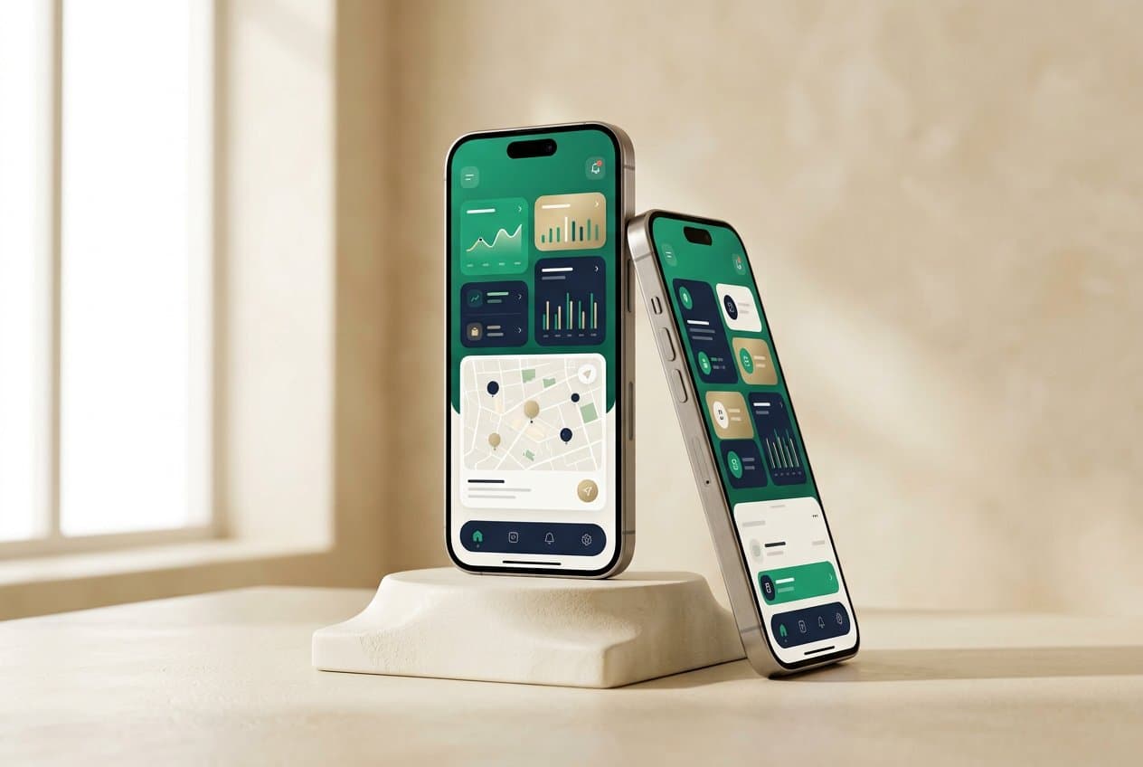 Titanium smartphones displaying emerald and navy app interfaces on sculptural ivory pedestals