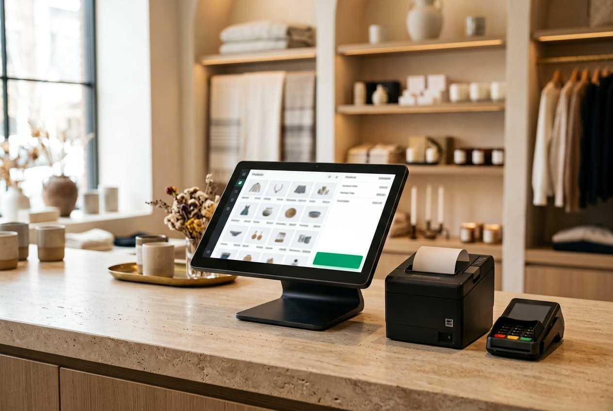 Boutique touchscreen POS terminal with a receipt printer and contactless card reader