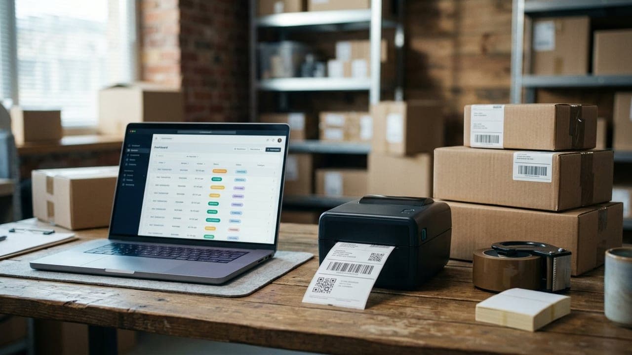 Packing bench with an order management screen and a shipping label printing