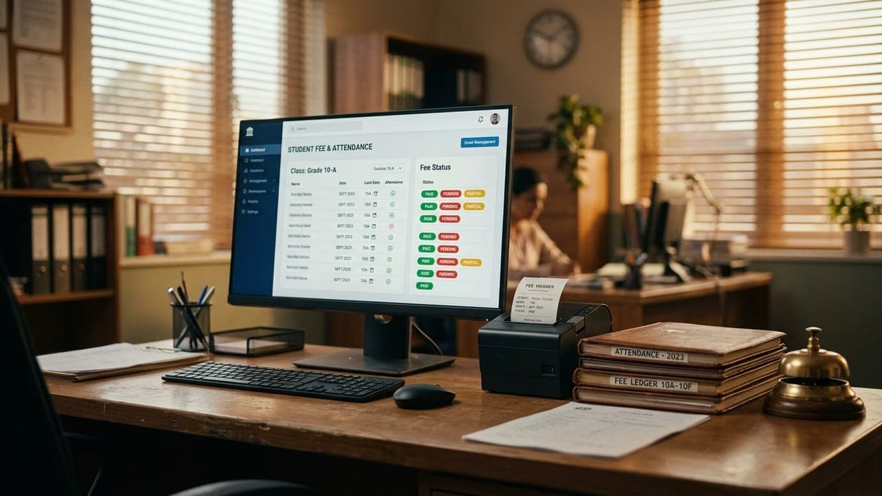 School office desk with a student fee and attendance dashboard and a voucher printing