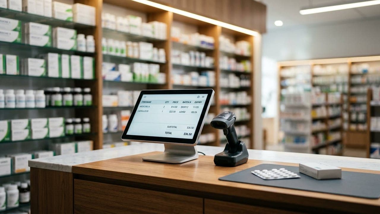 Pharmacy counter with a billing terminal showing batch and expiry columns