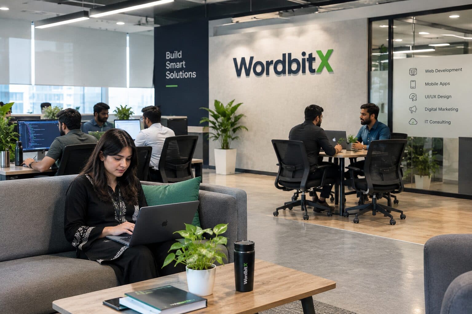 WordbitX studio, Lahore — lounge with the Ideas, Code, Impact wall