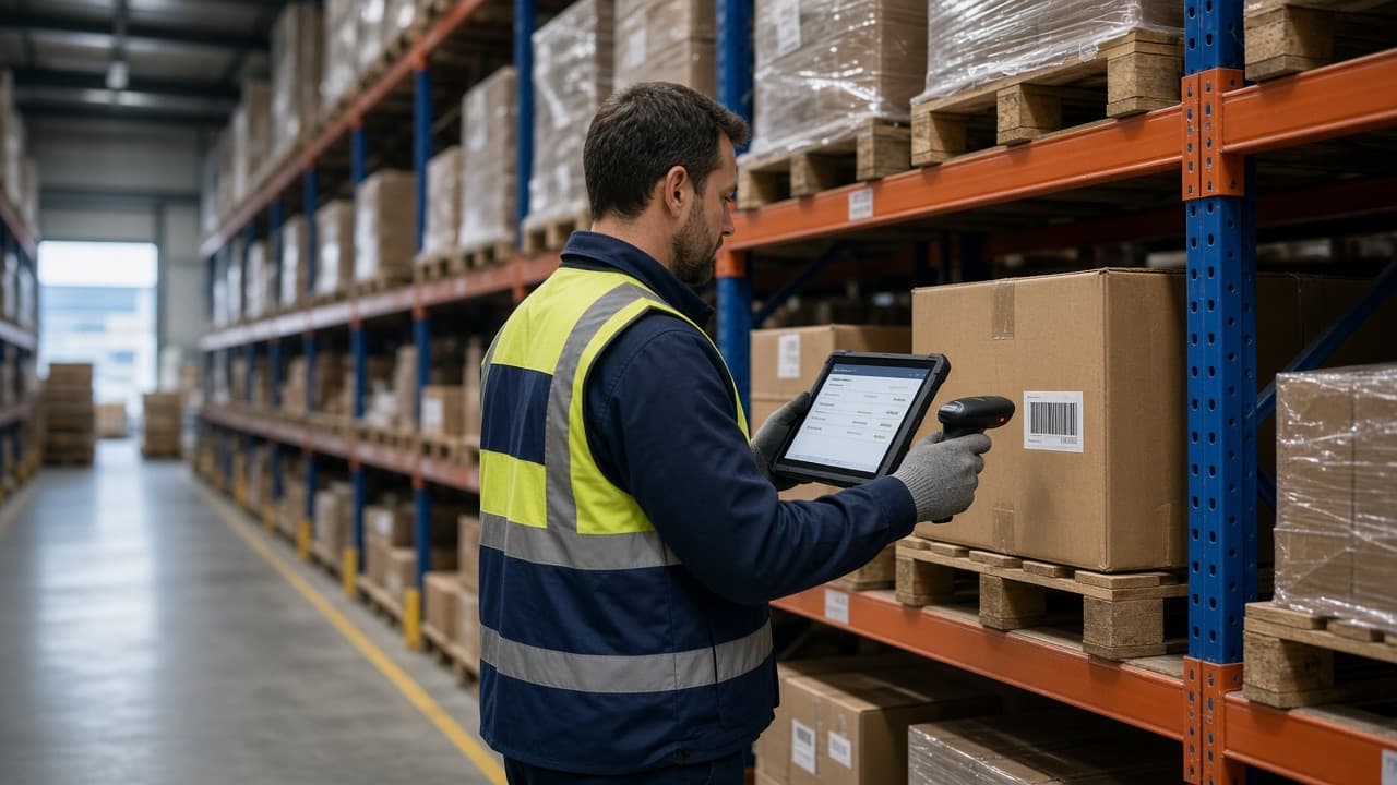 Warehouse operator scanning a carton against a stock system