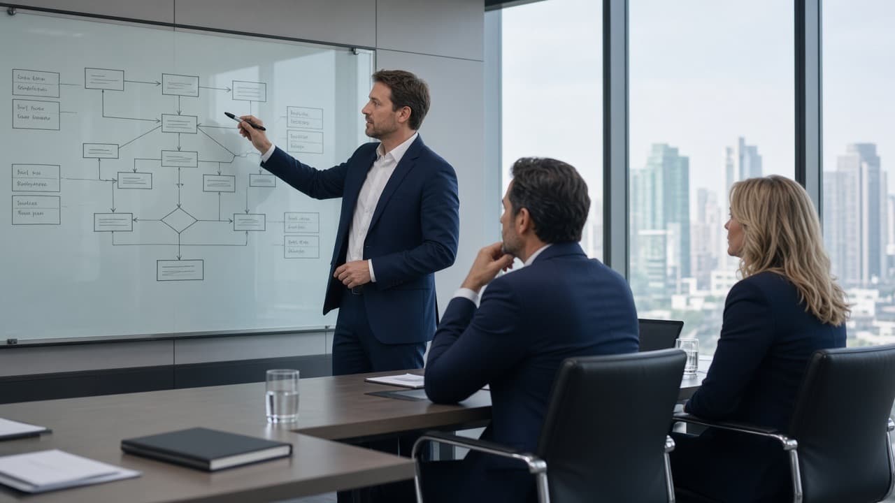 Advisors mapping a process on a boardroom whiteboard