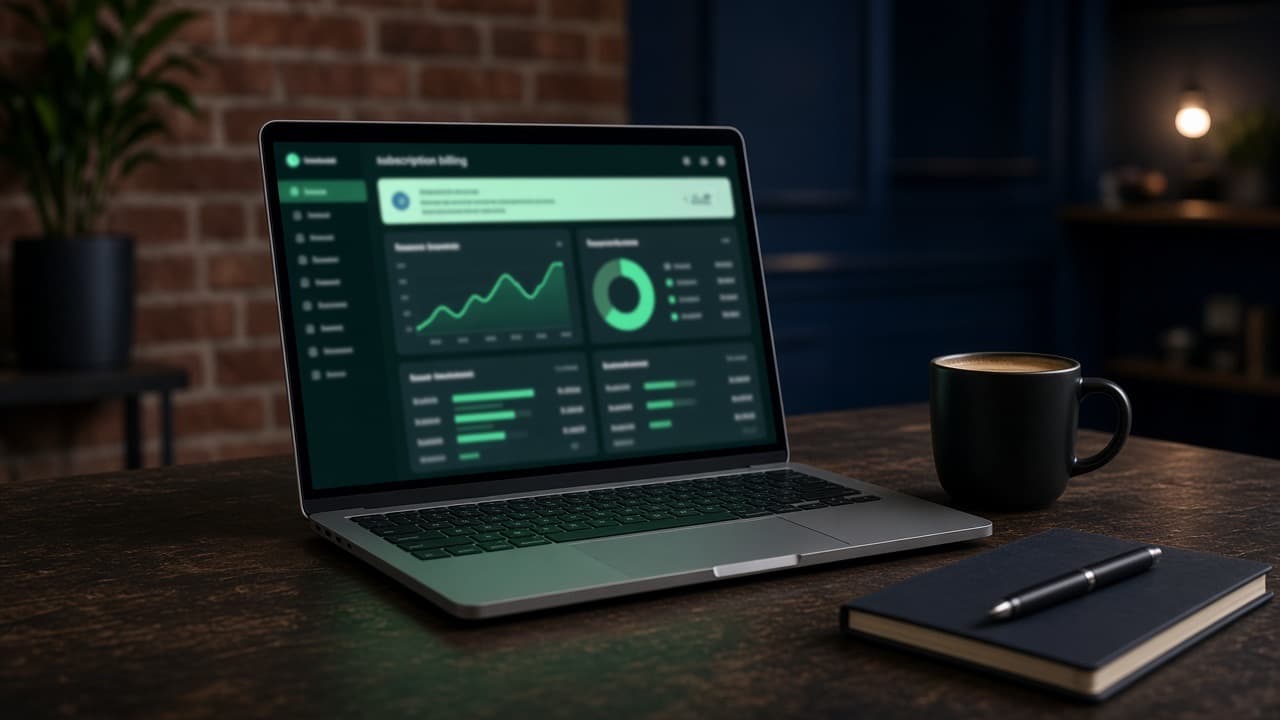 Subscription billing dashboard with revenue charts on a laptop