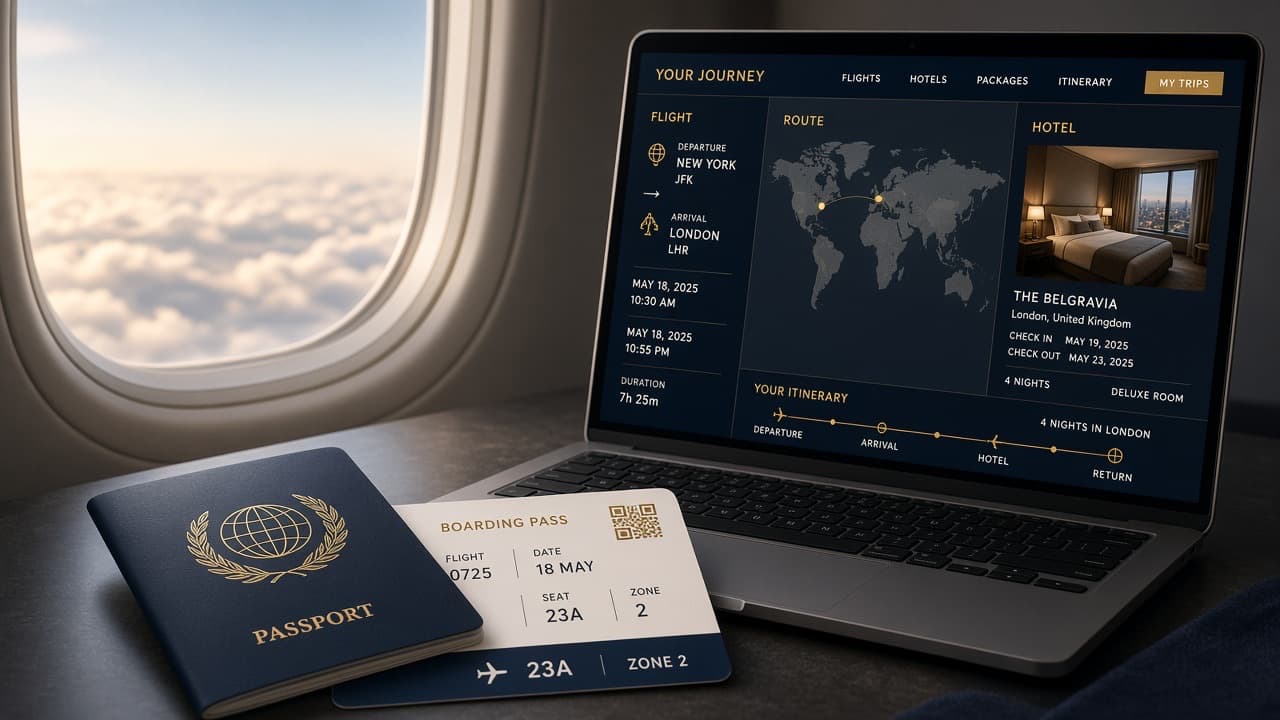 Booking itinerary open on a laptop beside travel documents