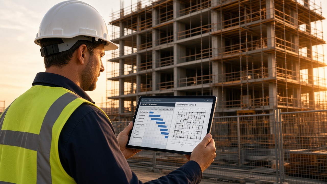 Site supervisor reviewing a construction schedule on a tablet