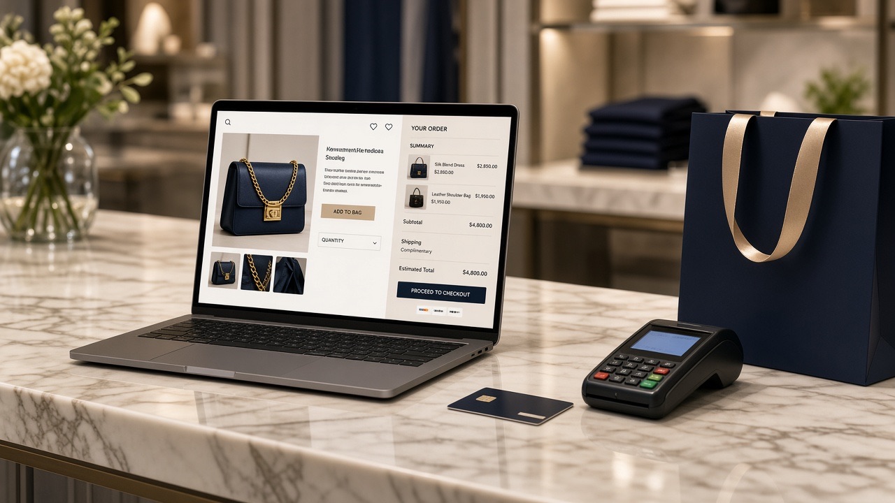 Wholesale ordering on a laptop next to a boutique checkout counter