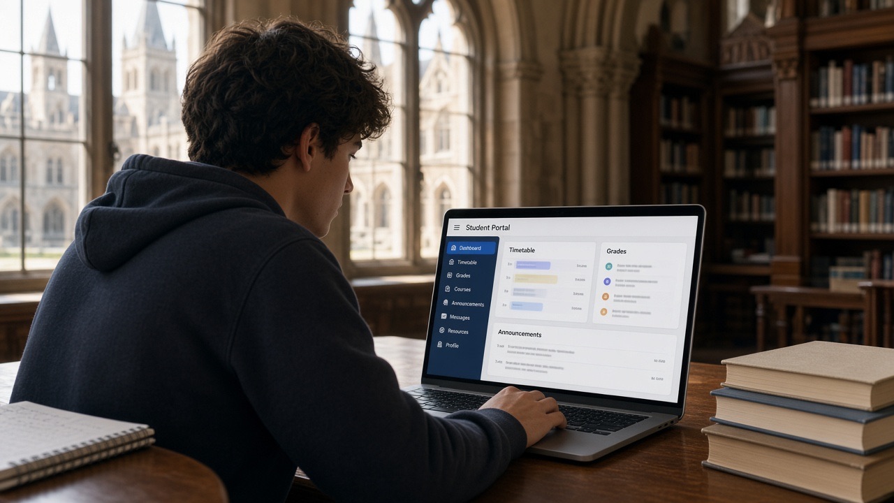 Student using a school admissions and fee portal in a campus library