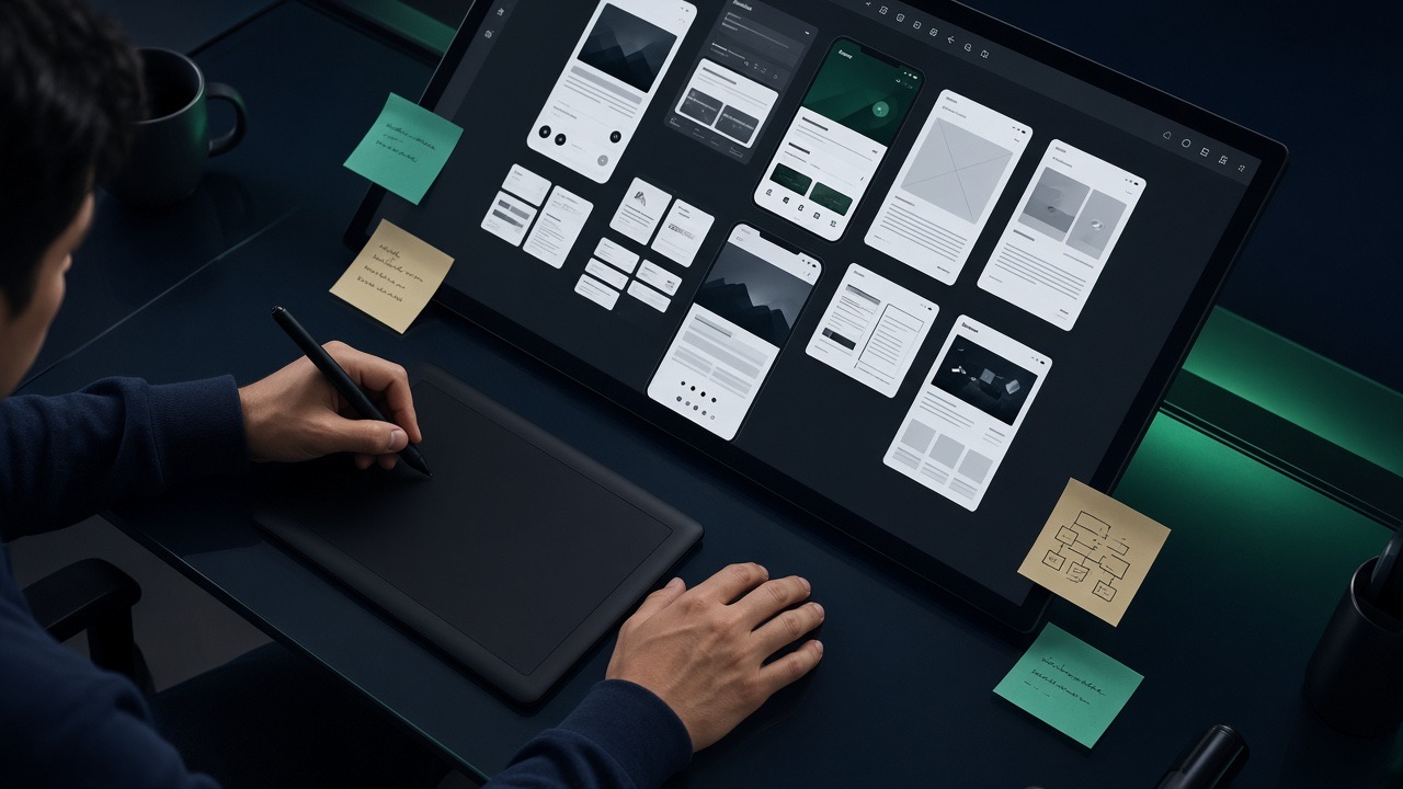 Product designer arranging fintech app screens and a design system
